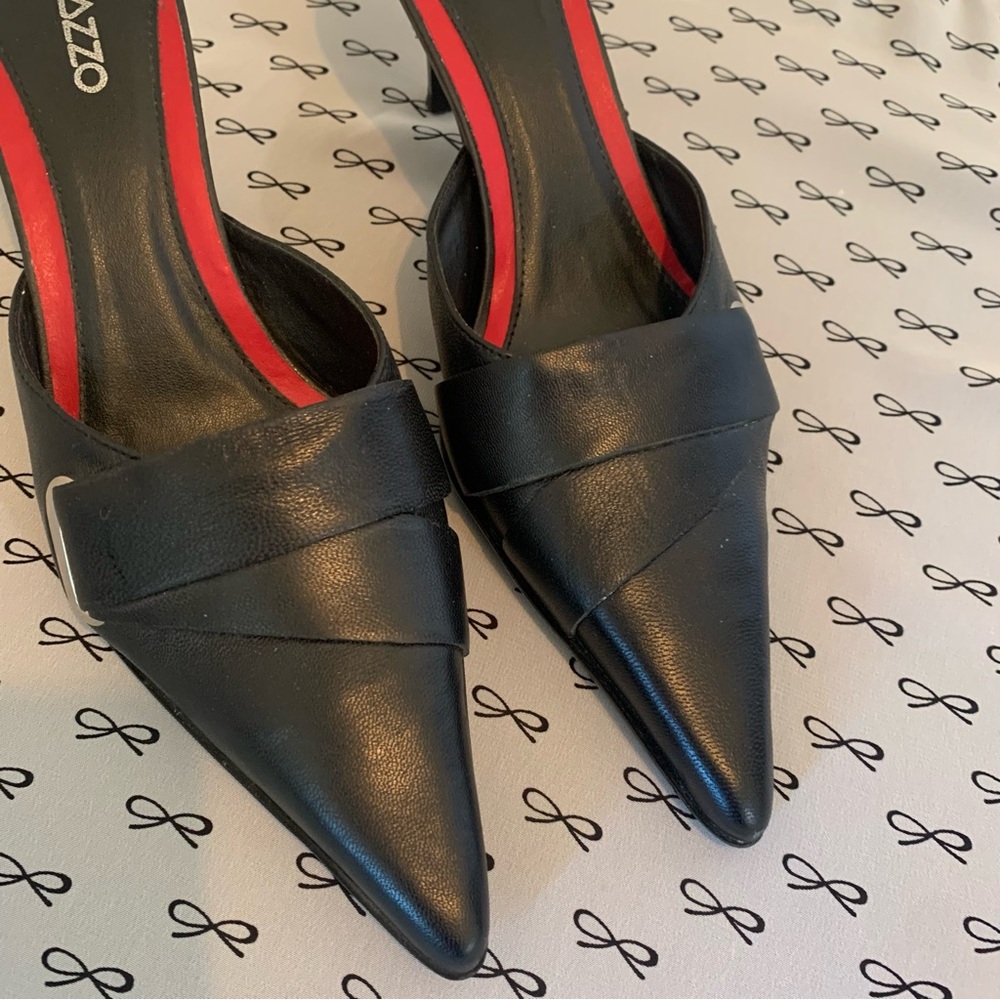 Pazzo Black Leather Kitten Heel Mules - Picture 4 of 11